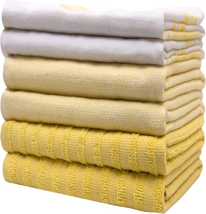 Premium Kitchen Towels 6 Pack Large Cotton Flat Terry Absorbent Tea Towels with Hanging Loop Wide Stripe Yellow 20x28
