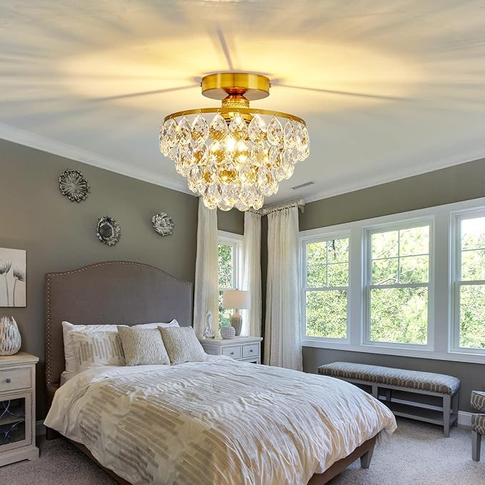 YYJLX Modern E26 Small Crystal Chandelier Semi Flush Mount Ceiling Light Fixture Gold Ceiling Lamp for Hallway Bedroom Bathroom Closet Bedroom Foyer