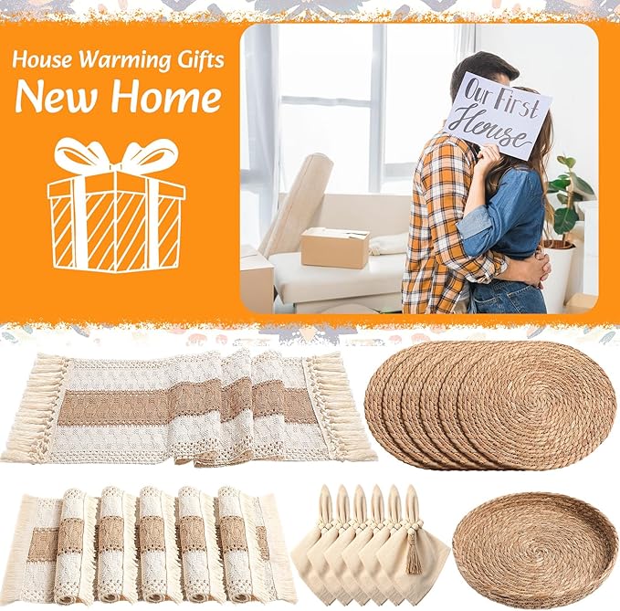 6 Sets Boho Placemats: Round Woven, Rectangular Boho, Wooden Bead Napkin Rings, Cloth Napkins, Long Table Runner & Storage Basket - Natural Burlap Cotton for Kitchen Table Home
