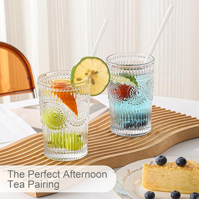 Vintage Glassware Drinking Glasses Set of 6,13 oz Clear Textured Flower Design Glass Water Tumblers,Embossed Striped Drinkware for Water,Cocktails,Juice,Iced Coffee