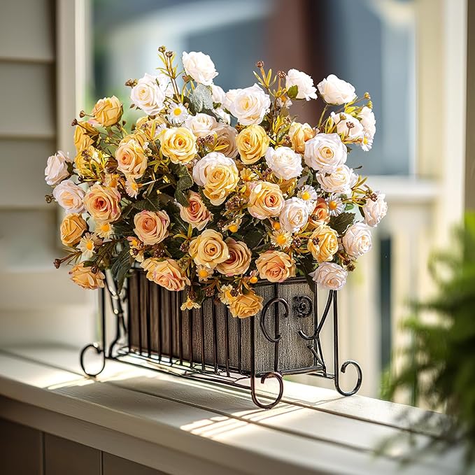 Artificial Flowers for Outdoor 4 Bundles Rose Bouquet with Daisy Faux Flowers UV Resistant for Home Indoor Outside Garden Porch Window Box Balcony Yard Porch Decor (White+Yellow)