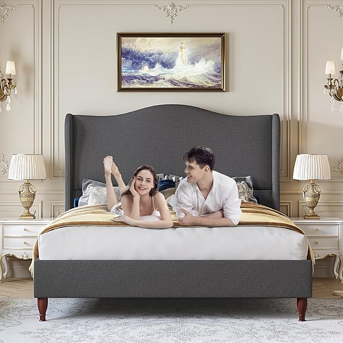 Full Size Bed Frame Upholstered Platform Bed with 51" Tall Headboard Wingback, Soft Fabric, Retro Simple Style Platform Bed No Box Spring Needed, Easy Assembly, Grey