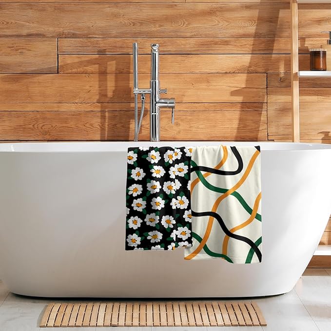 Modern Kitchen Towels Set of 2 Geometric Stripe Green Orange Microfiber
