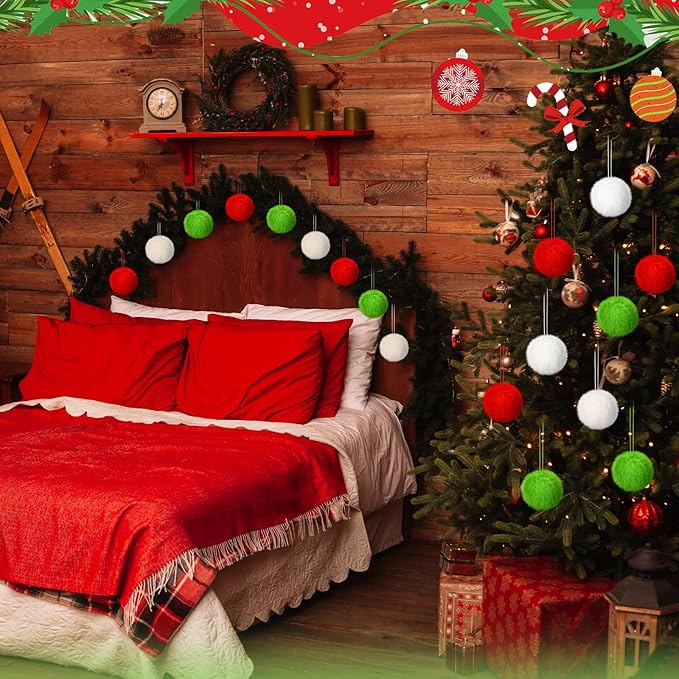 Gejoy 12 Pcs Furry Christmas Ball Ornaments for Xmas Tree Red Green White Christmas Hanging Decorations Soft Faux Fur Pom Pom Ball Ornaments for Party Supplies Fireplace Mantel Home Wall Decor