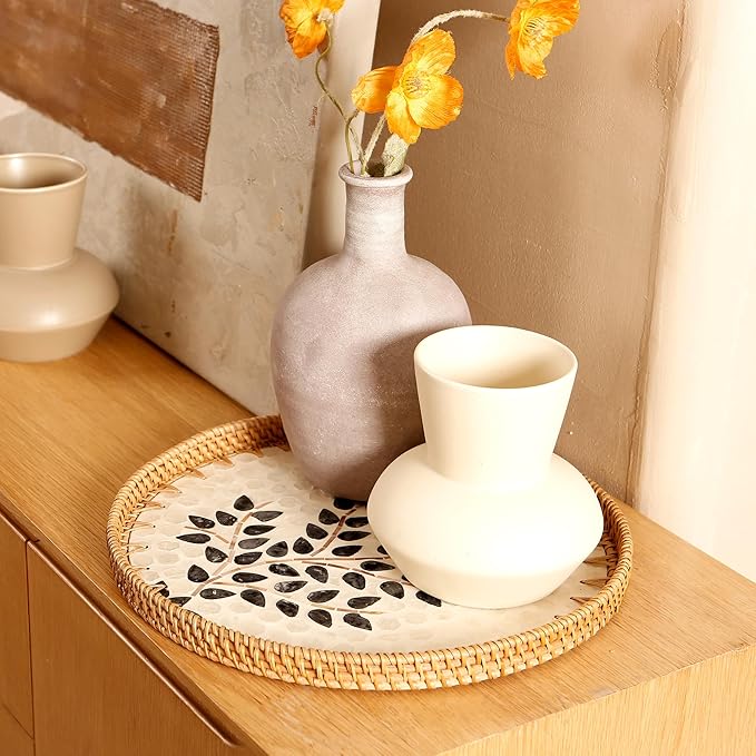 Round Rattan Tray with Mother of Pearl Inlay & Wooden Base - Decorative Wicker Serving Tray for Coffee/Bread/Fruits Display - Multipurpose Home Decor (M,Little Tree)