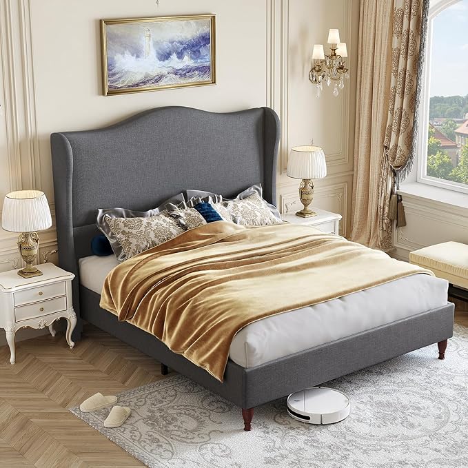 Full Size Bed Frame Upholstered Platform Bed with 51" Tall Headboard Wingback, Soft Fabric, Retro Simple Style Platform Bed No Box Spring Needed, Easy Assembly, Grey