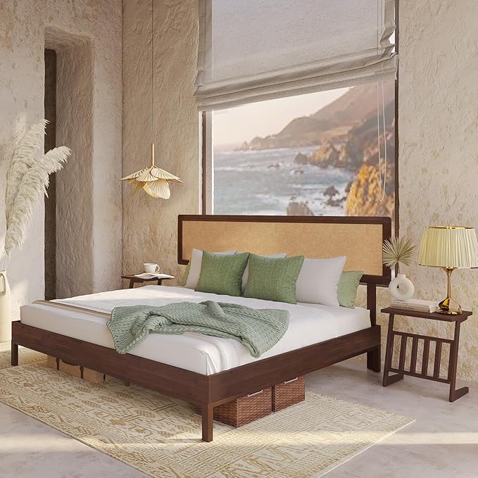 Bme Nipe King 14 Inch Bohemian Bed Frame with Adjustable Wicker Headboard - Rustic & Vintage Unique Style with Acacia Wood - No Box Spring Needed - Easy Assembly - Walnut