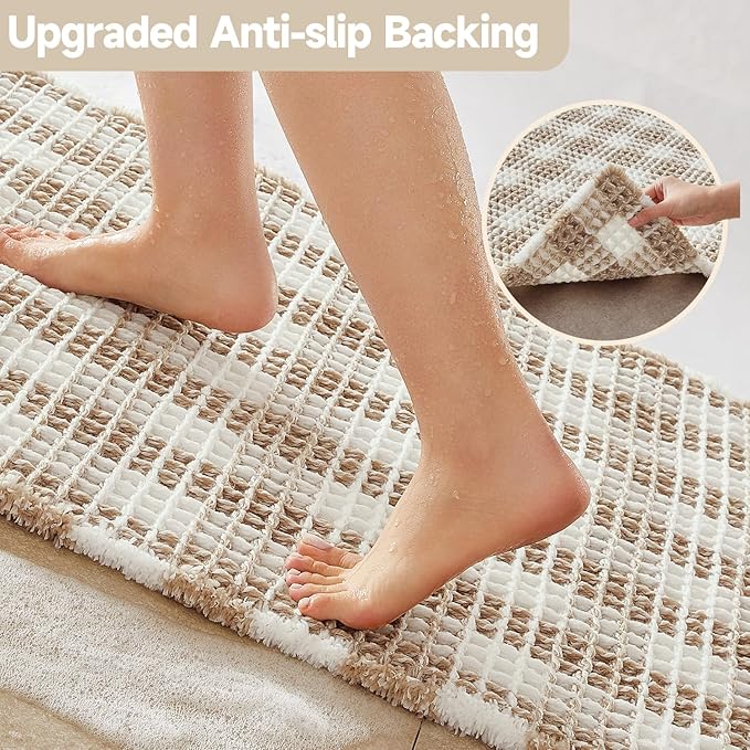 Waffle Runner Rug Bathroom, Long Boho Bathroom Rugs Non Slip Washable Absorbent Checkered Bathroom Mat Quick Dry Farmhouse Bath Mat, 60"x24" Khaki and White