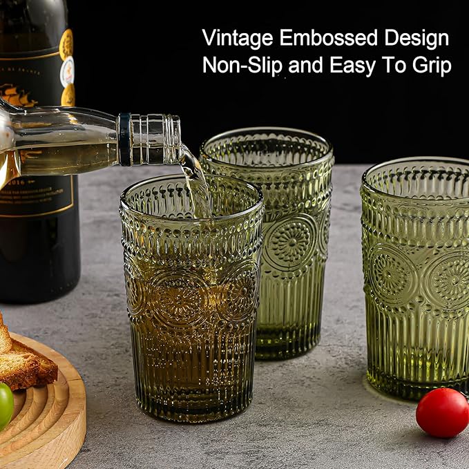 Vintage Glassware Drinking Glasses Set of 6,13 oz Green Textured Flower Design Glass Water Tumblers,Embossed Striped Drinkware for Water,Cocktails,Juice,Iced Coffee