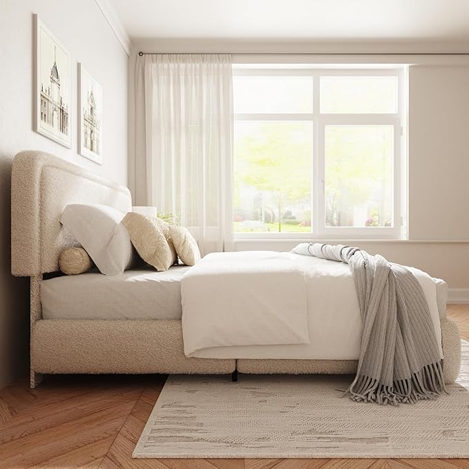 Queen Size Boucle Bed Frame, Cloud Upholstered Platform Bed with Height Adjustable Headboard & Soft Rounded Corners, No Box Spring Needed, Noise Free, Easy Assembly, Beige