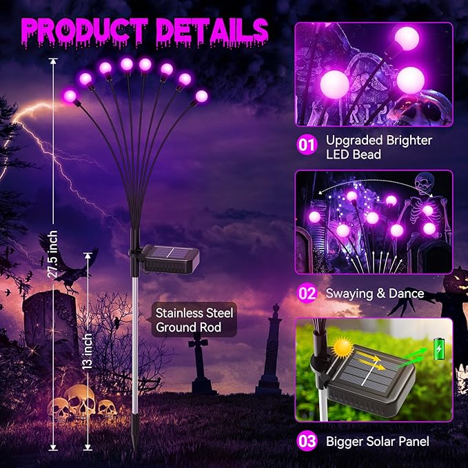 6Pack 48 LED Halloween Decorations Outdoor -LETMY Upgraded Swaying Solar Lights Outdoor, Waterproof Solar Firefly Lights Solar Halloween Lights for Pathway Yard Garden Decorations (Purple)