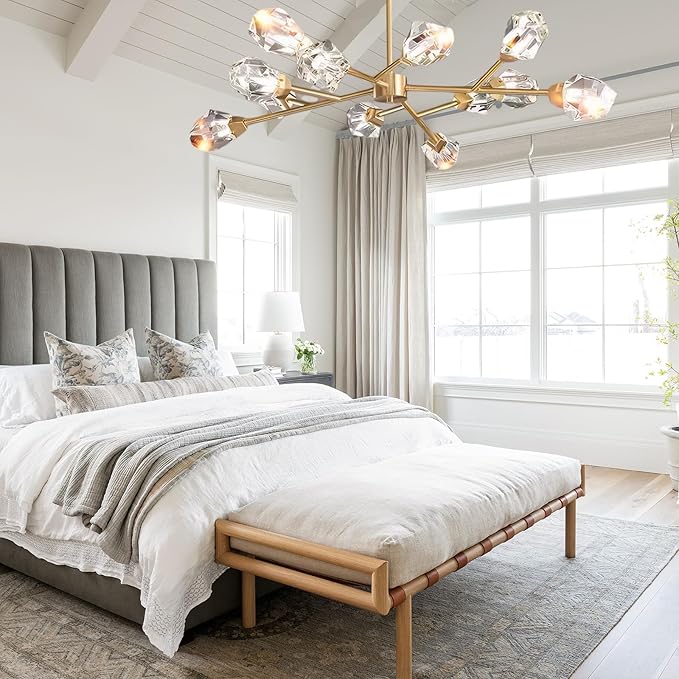 Mid Century Modern Chandelier Sputnik Crystal Chandeliers Ceiling Light Fixtures 12-Light Brass Gold Pendant Lighting for Dining Room, Kitchen Island, Living Room, AP-RYX-12LGBL