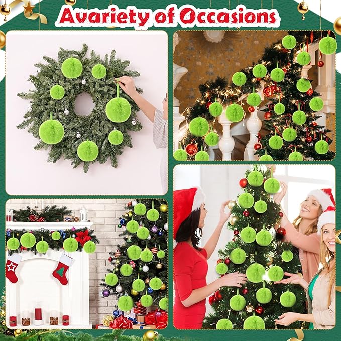 24 Pcs Green Furry Christmas Ball Ornaments for Tree 2.36/3.15/3.94 Inches Pom Pom Ball Christmas Hanging Decoration for Party Supplies Fireplace Mantel Wall Decor
