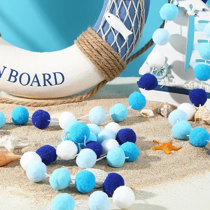 MARFOREVER 4 Pack 26.3 FT Hanukkah Pom Pom Garland, 30 Balls Blue White Winter Chanukkah Garland Hanging Supplies for Hanukkah Jewish Classroom Fireplace Wall Birthday Baby Shower Party Decoration