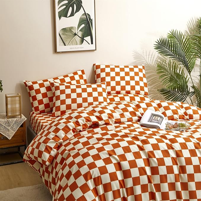CLOTHKNOW Rust Beige Plaid California King Comforter Set Checker Bedding Comforter Sets Geometric Buffalo Comforter with 2 x Pillow Cases