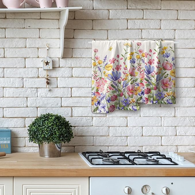 Spring Floral Dish Towels Set of 2 Colorful Decorative Kitchen Towels Absorbent Holiday Tea Towels