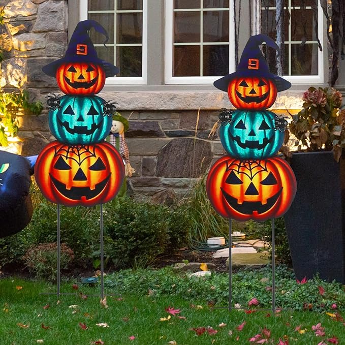 Halloween Yard Stakes Large 39.3" with Stackable Pumpkins and Scary Spiders, Metal Halloween Yard Decorations for Garden, Lawn, Patio, Outdoor Decor with Witch Hat