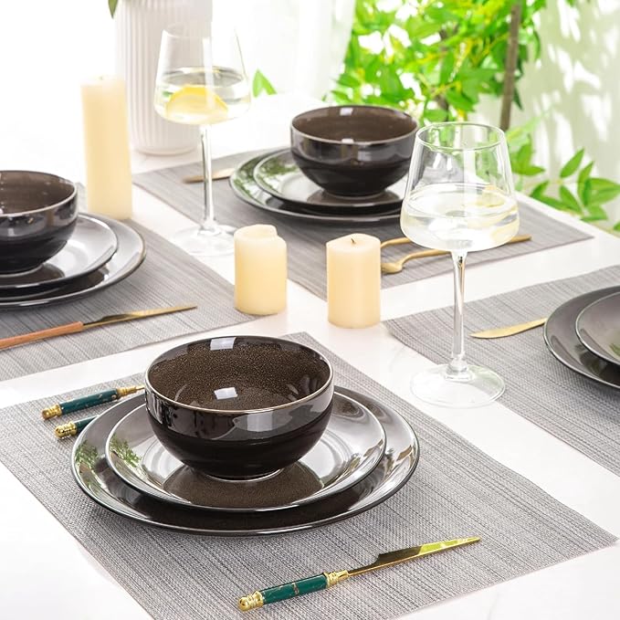 LeRatio Ceramic Dinnerware Sets for 6,Stoneware Plates and Bowls Sets,Handmade Reactive Glaze Dishes Set,Chip Resistant and Scratch Resistant | Oven&Dishwasher & Microwave Safe-Espresso Brown(18PCS)