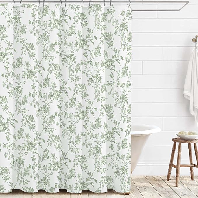Sage Green Shower Curtain Floral Cotton Cottagecore Shower Curtain for Bathroom 72" W x 84" L