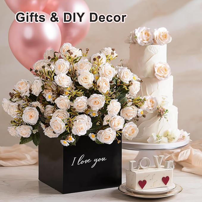 Artificial Rose Flowers for Outdoor 4 Bundles Rose Bouquet with Daisy Faux Flowers UV Resistant for Home Indoor Outside Garden Porch Window Box Balcony Yard Porch Decor (White)