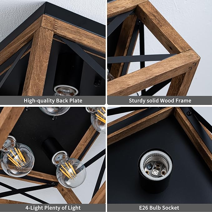 Farmhouse Ceiling Light, 4-Light Flush Mount Ceiling Light with Black Metal and Wood, Rustic Light Fixture for Hallway, Entryway, Kitchen