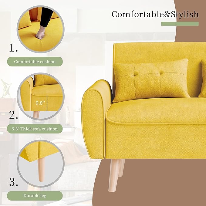 Vongrasig 47" Modern Loveseat Sofa Mid Century Linen 2 Seat Couch Tufted with Back Cushions and Tapered Legs, Yellow