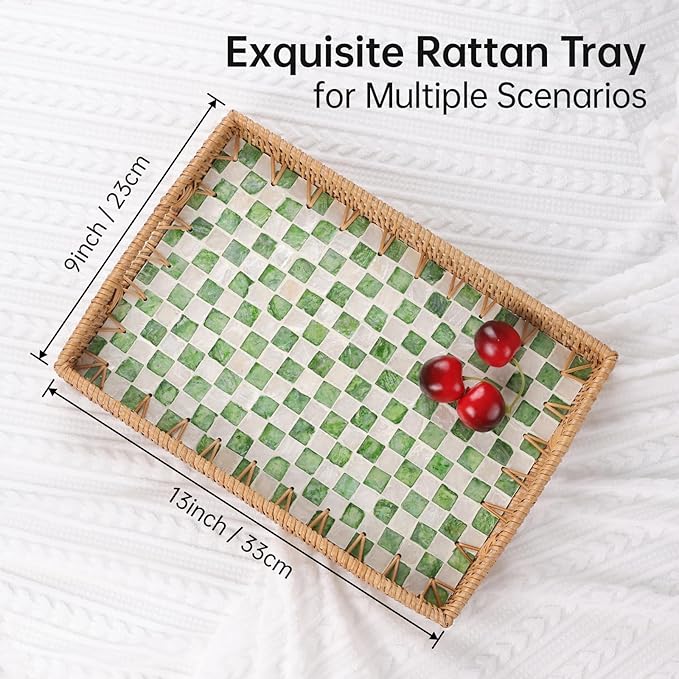 Rectangle Rattan Tray with Mother of Pearl Inlay, Rattan Serving Tray with Handle for Coffee, Bread, Fruits, Decorative Wicker Tray for Table Decor (Rectangle Green Checkerboard, 13"×9")