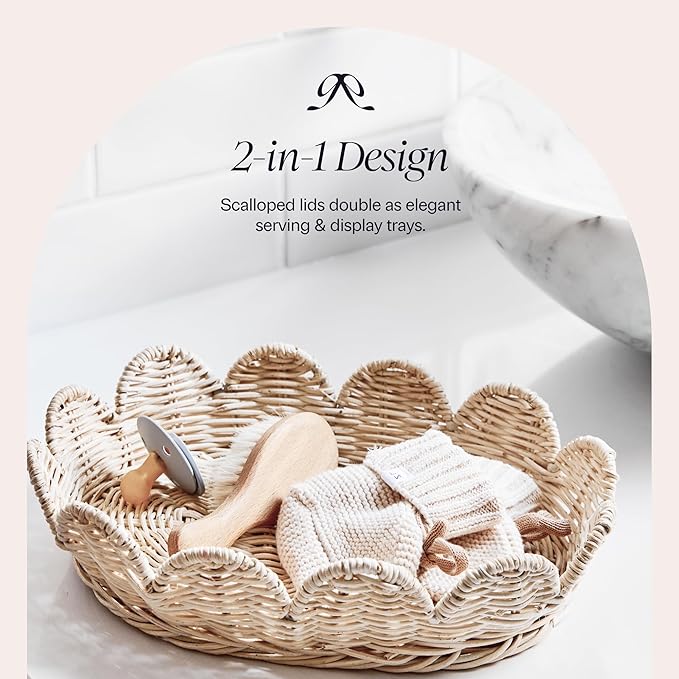 BEBE BASK The Original Scalloped Basket Set Of 2 – Small Scallop Basket - 15 x 10 x 6 In - Hand-Woven & Award-Winning - Elegant Wicker With Scalloped Edge Lid - Nursery Storage - (Natural)