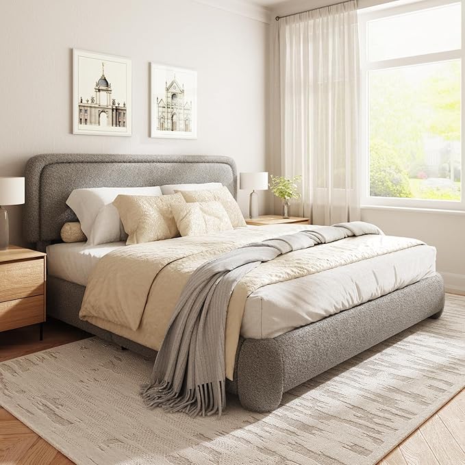 King Size Boucle Bed Frame, Cloud Upholstered Platform Bed with Height Adjustable Headboard & Soft Rounded Corners, No Box Spring Needed, Noise Free, Easy Assembly, Light Grey