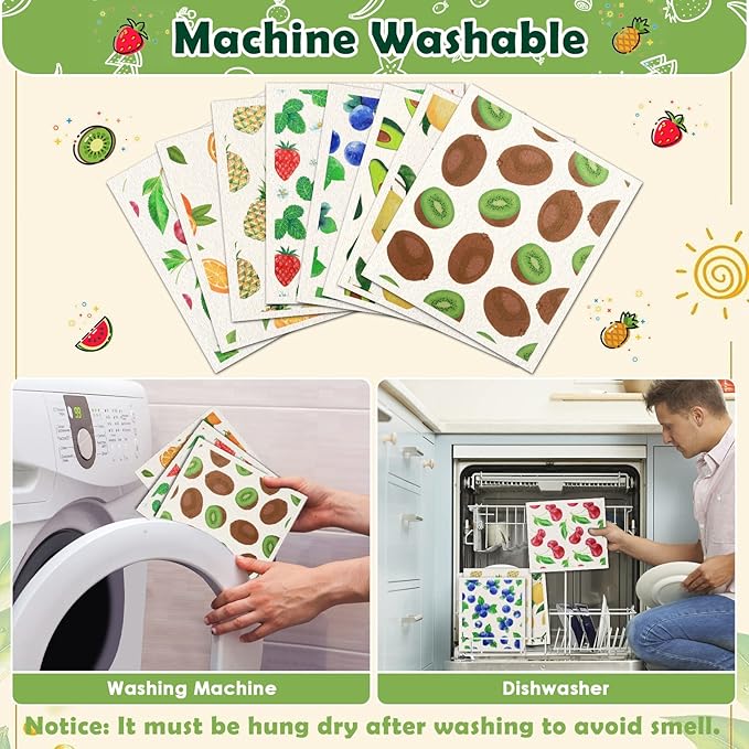 Lucomb Swedish Dish Cloths 8 Pack Reusable Quick Dry Kitchen Dish Towels, Mixed Fruit
