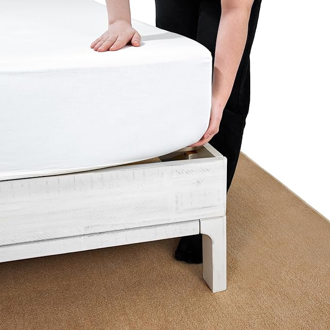Bme Ethan Queen Bed Frame with Diamond Headboard, Mid-Century Modern, Solid Acacia Wood, No Box Spring Needed, Fits All Mattresses, Rustic White