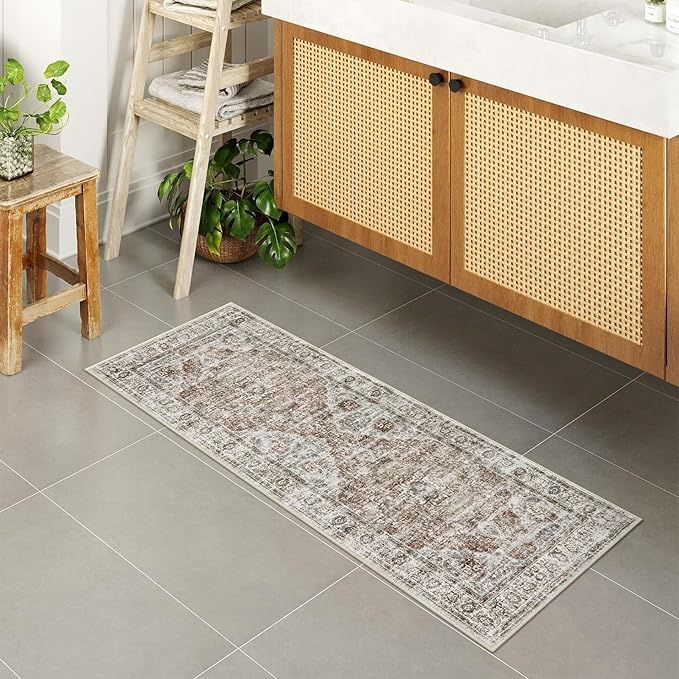 Uphome Bathroom Runner Rug, Distressed Farmhouse Boho Khaki Bath Mat, Non Slip Washable Long Bath Rugs, Vintage Traditonal Soft Velvet Bathroom Runner for Bathtub Sink Shower, 18x47 inch