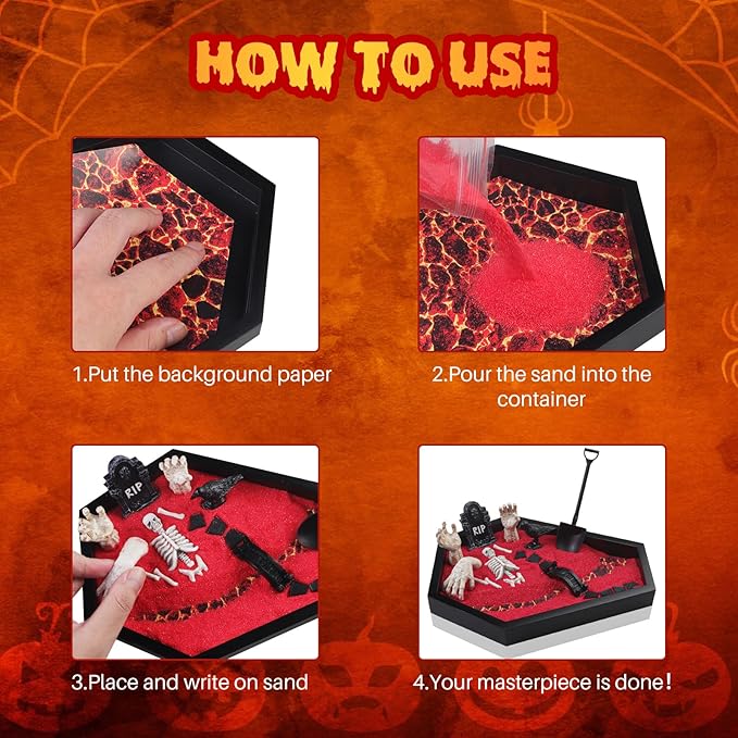 Coffin Zen Garden for Desk 7" x 9" Mini Zen Garden Kit Goth Accessories for Office Halloween Coffin Spooky Decor Sand Spooky Gifts Gothic Decor Gifts for Man Women