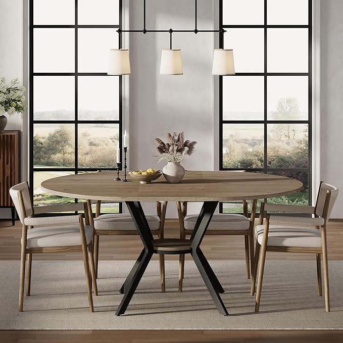 42"-58" Extendable Round Dining Table for 4-6, Kitchen Oval Table with Hidden Leaves & Storage Shelf, Space Saving Modern Design with Sturdy Metal Legs for Kitchen, Dining Room & Small Apartments