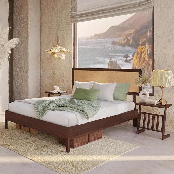 Bme Nipe Queen 14 Inch Bohemian Bed Frame with Adjustable Woven Headboard - Rustic & Vintage Unique Style with Acacia Wood - No Box Spring Needed - Easy Assembly - Walnut