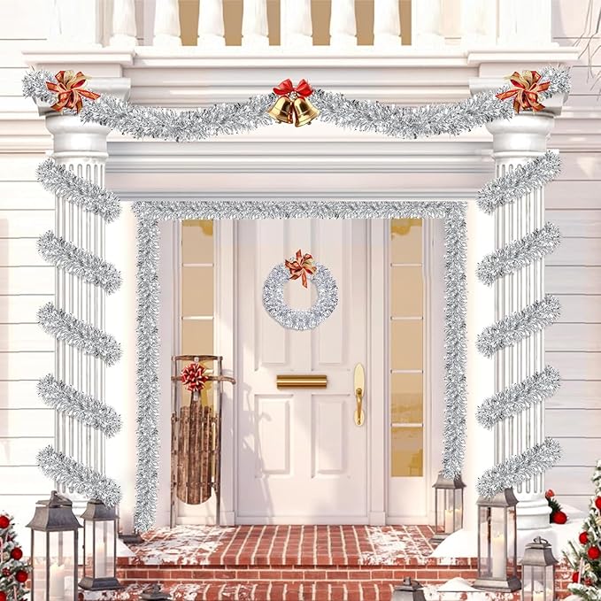 50 Feet Silver Metallic Twist Shiny Garland for Christmas Tree Decorations, Xmas Hanging Decor for Home Mantle Indoor Outdoor Holiday Party Supplies