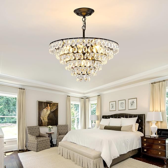 YYJLX Modern Crystal Chandelier 7 Light 20" Raindrop Black Ceiling Chandelier Adjustable Hanging Light Fixture for Dining Room Foyer Entryway Staircase Living Room