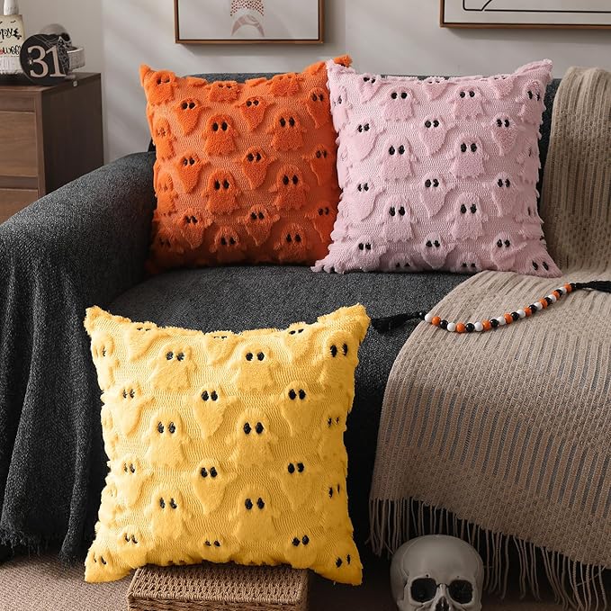 DFXSZ Halloween Pillow Covers 18x18 inch Set of 2 Yellow Ghost Throw Pillow Cases Soft Plush Faux Fur Wool Cushion Case for Chair Bedroom Living Room Home Decor PTK03H18