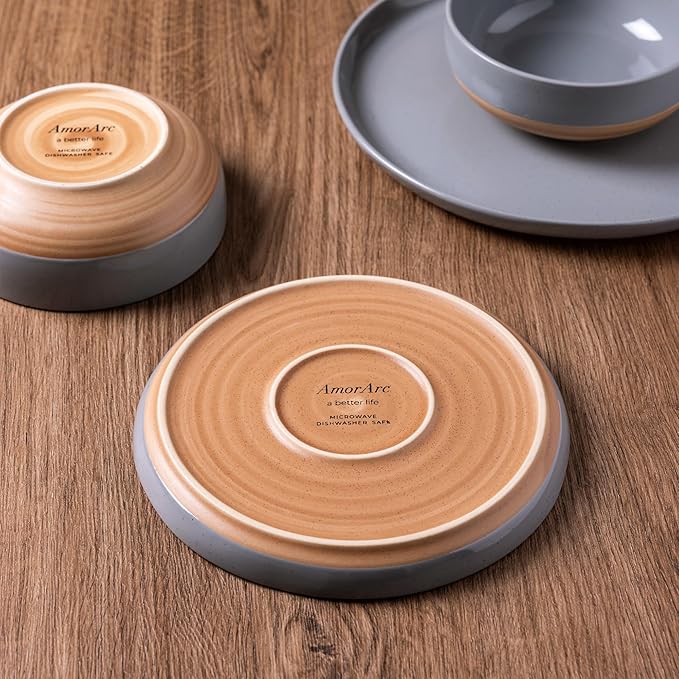AmorArc Ceramic Dinnerware Sets for 8, 24 Pieces Handpainted Plates and Bowls Set with Rustic Terracotta Underside, Scratch Resistant Stoneware Dishes Set, Dishwasher & Microwave Safe
