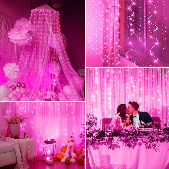 Minetom Curtain Lights, 300 LED Dimmable Fairy Lights with Remote and Timer, 8 Modes, USB Powered String Lights for Room Wall Party Xmas Indoor Decor, Pink