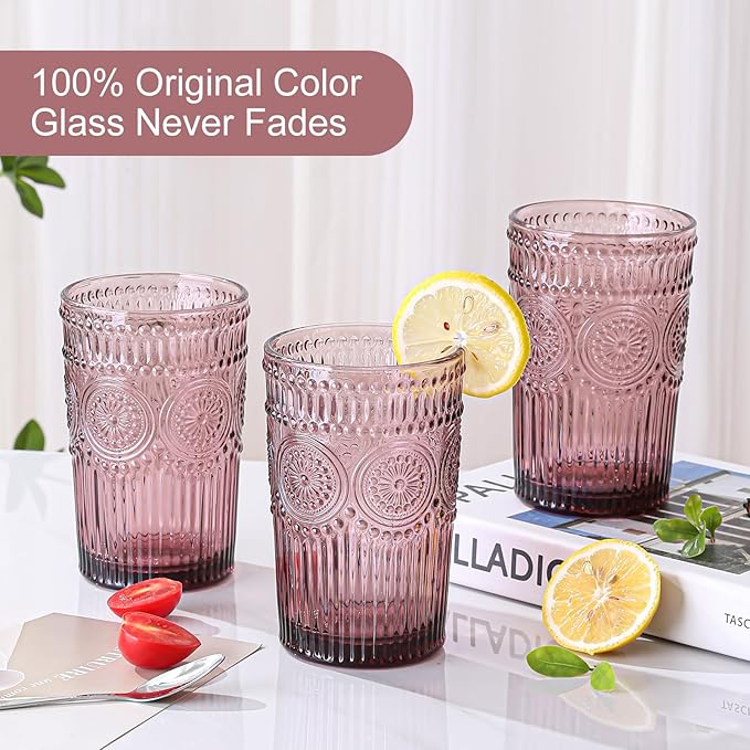 Vintage Glassware Drinking Glasses Set of 6,13 oz Purple Textured Flower Design Glass Water Tumblers,Embossed Striped Drinkware for Water,Cocktails,Juice,Iced Coffee