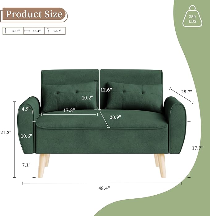 Vongrasig Small Modern Loveseat Sofa 47" Mid Century Linen 2 Seat Couch Tufted Love Seat, Green
