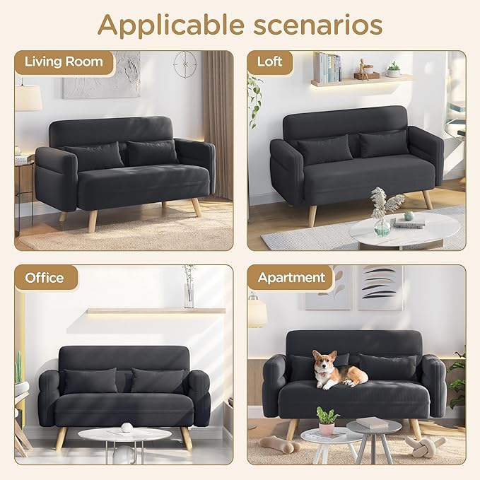 Yaheetech 46" Small Modern Fabric Loveseat Mid Century 2 Seater Sofa with Lumbar Pillows Solid Wood Legs, Dark Gray