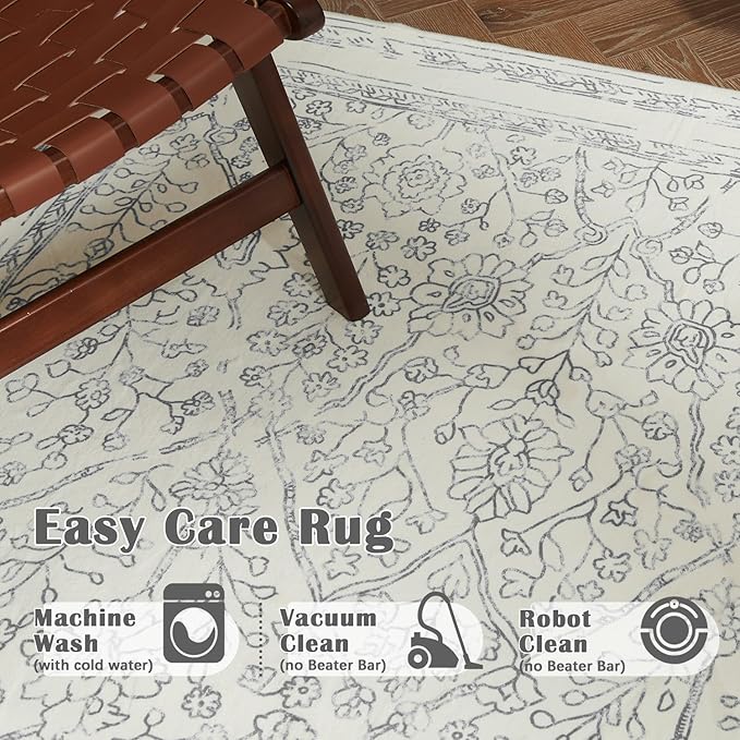 jinchan Vintage Floral Washable Runner Rug 2x6 Non-Slip Faux Wool Carpet, Grey