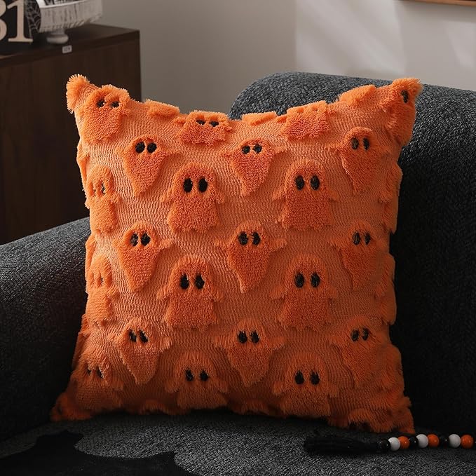 DFXSZ Halloween Pillow Covers 20x20 inch Set of 2 Orange Ghost Throw Pillow Cases Soft Plush Faux Fur Wool Cushion Case for Chair Bedroom Living Room Home Decor PTK03C20