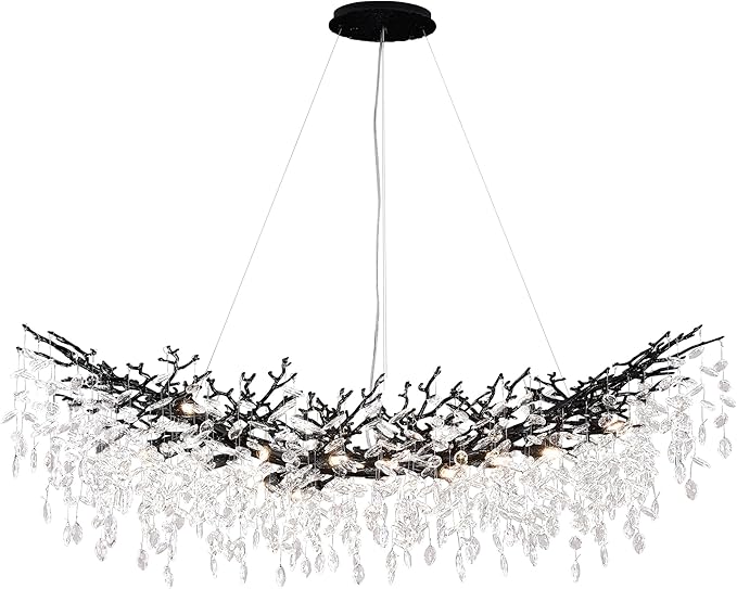 Black Chandelier, 16 Light Modern Chandelier for Dining Room Over Table, Industrial 63" Hanging Lighting with K9 Crystal Tree Branch Rectangular Chandeliers for Living Room Kitchen Island