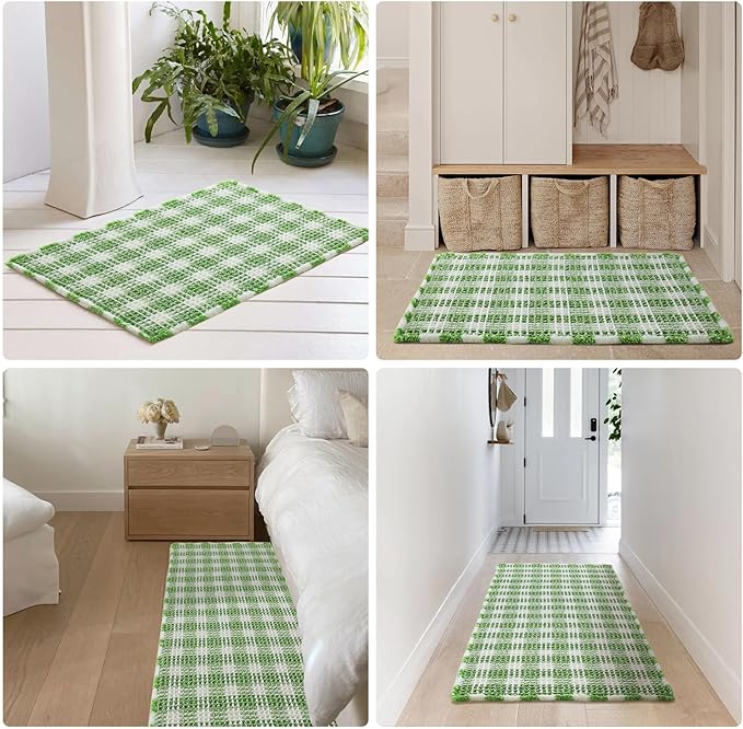 Waffle Runner Rug Bathroom, Long Boho Bathroom Rugs Non Slip Washable Absorbent Checkered Bathroom Mat Quick Dry Cute Bath Mat, 60"x24" Green and White
