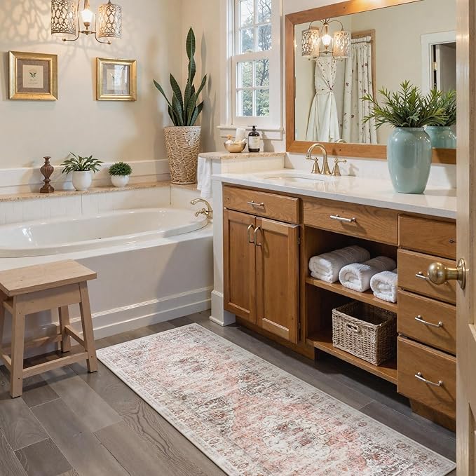 Uphome Bathroom Runner Rug, Distressed Tribal Farmhouse Blush Pink Bathroom Mat, Large Bathroom Rugs Non Slip Washable, Oriental Retro Boho Bath Mat Runner for Bathtub Sink Hallway, 24x71 inch