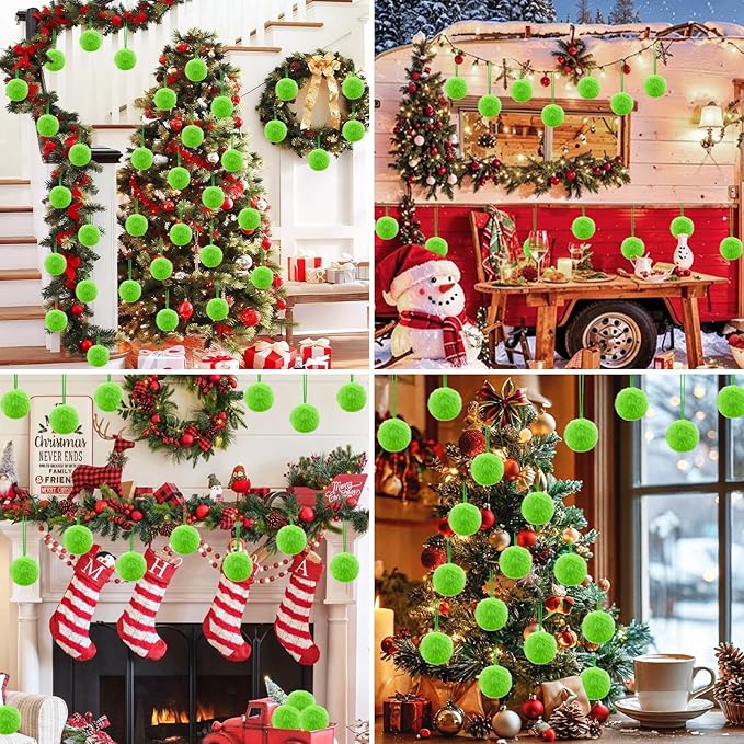 Lime Green Furry Christmas Ball Ornaments 12Pcs Fuzzy Lime Green Ornaments or Xmas Pom Pom Ball Hanging Decorations Furry Elf Balls for Xmas Tree Wreath Home Fireplace Mantel Wall Decors