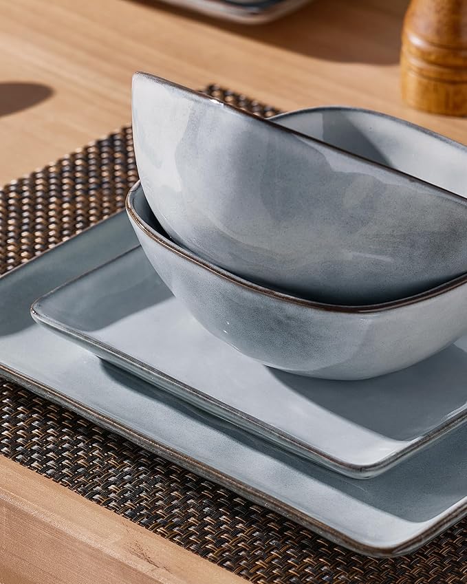 Famiware Dinnerware Sets for 4, Ocean Square 12-Piece Kitchen Plates and Bowls Sets, Reactive Glaze, Microwave and Dishwasher Safe, Scratch Resistant, Grey